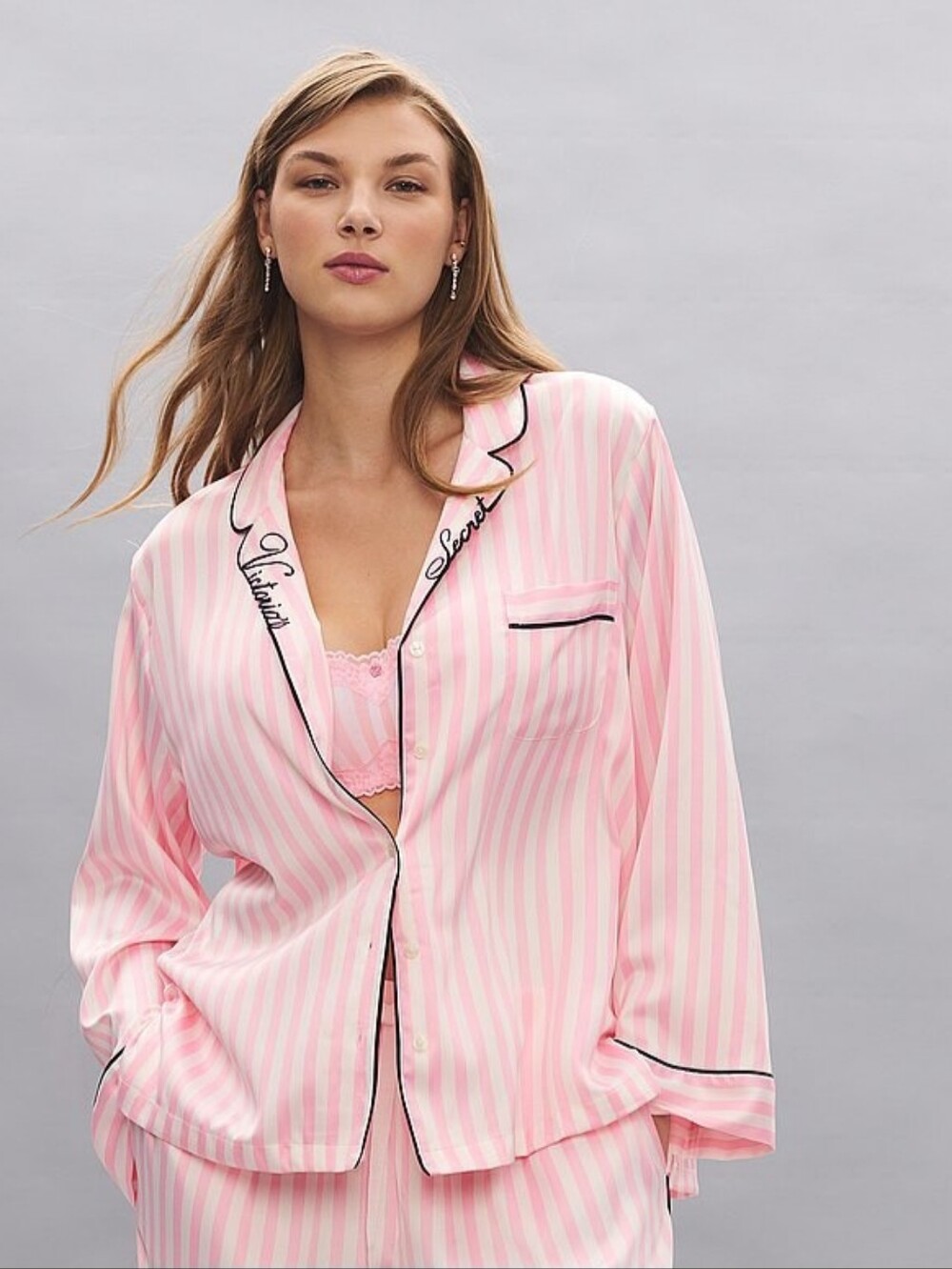 Victoria's Secret Signature Satin Pajama Top Pink Stripe Medium EUC